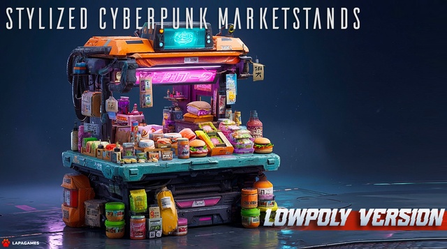cyberpunk city market stands